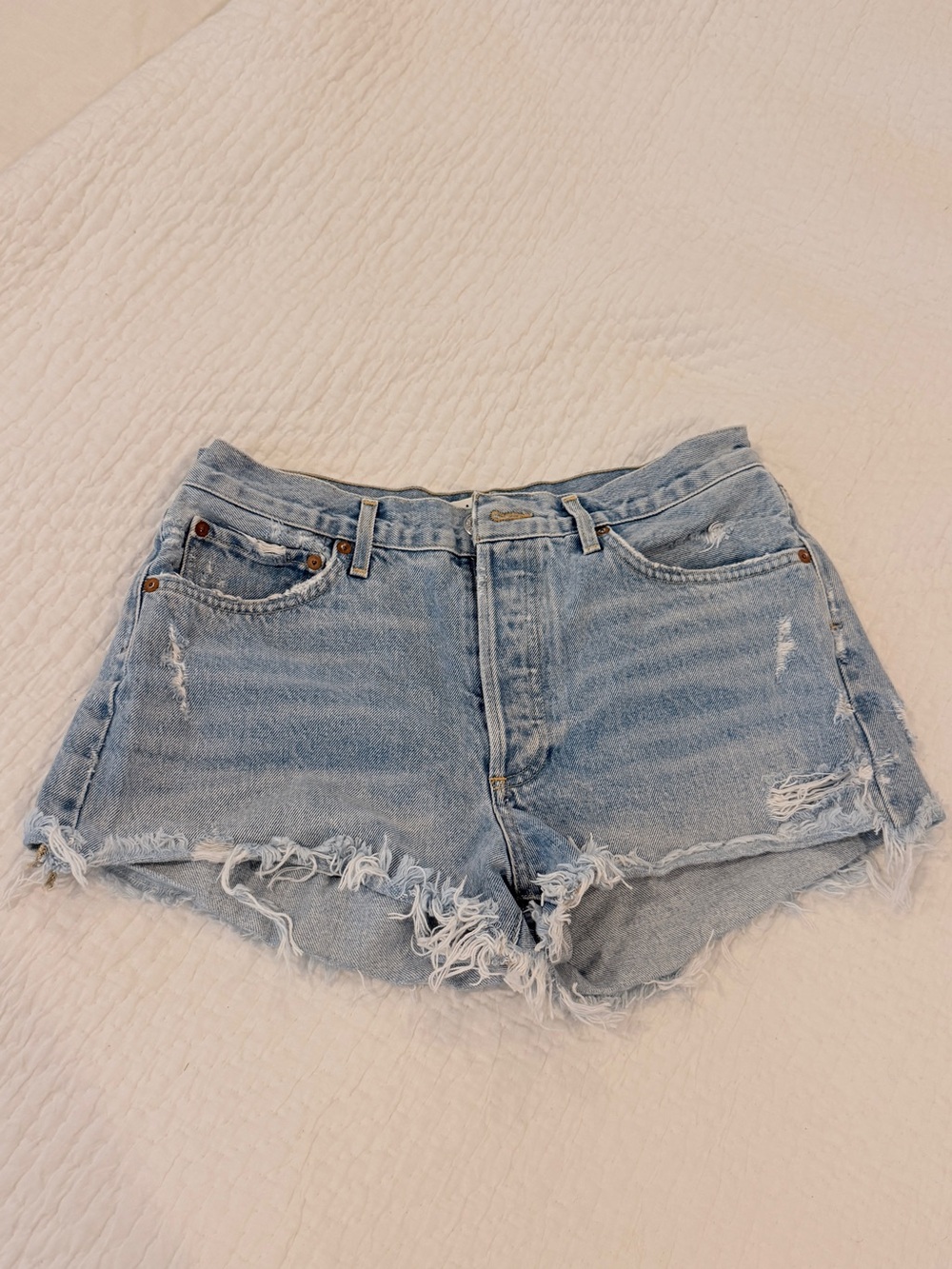 Agolde Light Wash Frayed Hem Denim Shorts